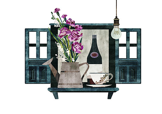 PSD 꽃 일러스트 창문 조명 사람없음 보라색 물뿌리개 빈티지 찻잔 와인병 국내일러스트 식물 컬러 컨셉 병_용기 잔 와인 파일형식