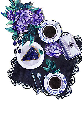 PSD 꽃 포크 일러스트 사람없음 장미 보라색 식탁보 빈티지 찻잔 티스푼 타르트 국내일러스트 식물 식기 빵 컬러 컨셉 잔 숟가락 파이_빵 파일형식