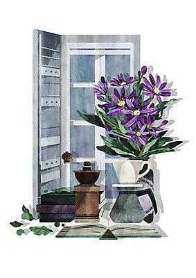 PSD 꽃 일러스트 창문 사람없음 책 보라색 빈티지 그라인더 필터 국내일러스트 식물 컬러 컨셉 커피용품 파일형식