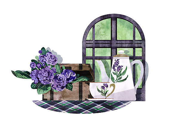 PSD 꽃 일러스트 창문 주전자 사람없음 상자 보라색 식탁보 빈티지 찻잔 국내일러스트 식물 컬러 컨셉 주방용품 잔 파일형식