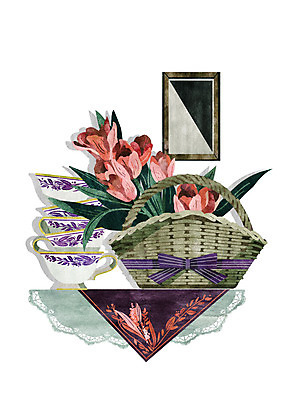 PSD 꽃 액자 일러스트 사람없음 빨간색 바구니 보라색 튤립 식탁보 빈티지 찻잔 국내일러스트 식물 컬러 컨셉 잔 파일형식