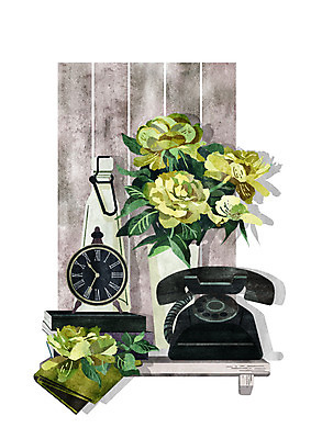 PSD 꽃 벽 시계 일러스트 유리병 사람없음 책 연두색 장미 빈티지 전화기 냅킨 국내일러스트 식물 컨셉 병_용기 초록색 파일형식