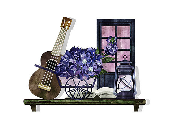 PSD 꽃 일러스트 창문 조명 선반 사람없음 책 보라색 빈티지 우쿨렐레 국내일러스트 식물 컬러 가구 컨셉 현악기 파일형식