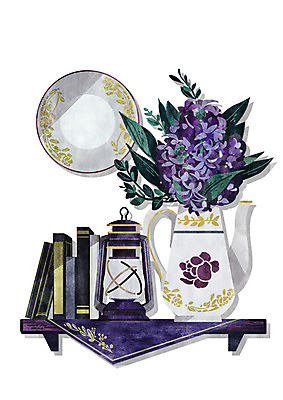 PSD 접시 꽃 일러스트 조명 선반 사람없음 책 꽃병 보라색 식탁보 빈티지 국내일러스트 식물 식기 컬러 가구 컨셉 파일형식