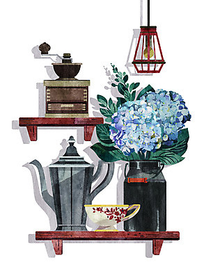 PSD 꽃 하늘색 일러스트 조명 선반 사람없음 빈티지 찻잔 커피포트 그라인더 수국 국내일러스트 식물 가구 컨셉 주전자 잔 파란색 커피용품 파일형식