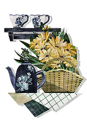 PSD 꽃 일러스트 주전자 선반 사람없음 파란색 노란색 바구니 식탁보 빈티지 찻잔 티세트 국내일러스트 식물 컬러 가구 컨셉 주방용품 잔 차_음료 세트 파일형식