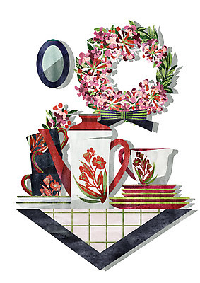 PSD 접시 꽃 분홍색 액자 일러스트 주전자 사람없음 컵 화환 식탁보 빈티지 티세트 국내일러스트 식물 식기 컬러 컨셉 주방용품 차_음료 세트 파일형식