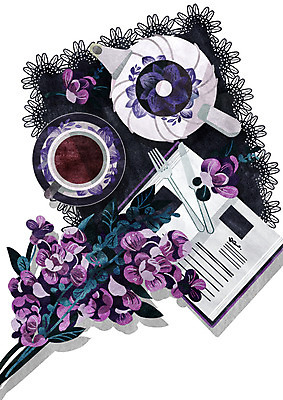 PSD 꽃 포크 일러스트 주전자 사람없음 책 보라색 빈티지 나이프 찻잔 티세트 국내일러스트 식물 식기 컬러 컨셉 주방용품 잔 차_음료 세트 칼 파일형식