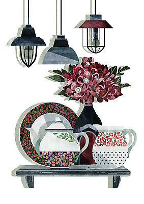 PSD 접시 꽃 일러스트 주전자 조명 선반 사람없음 꽃병 빈티지 자주색 티세트 국내일러스트 식물 식기 컬러 가구 컨셉 주방용품 차_음료 세트 파일형식