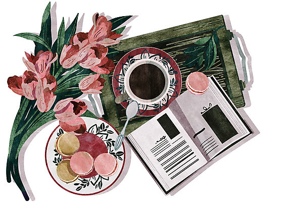 PSD 접시 꽃 분홍색 일러스트 쟁반 사람없음 책 튤립 빈티지 찻잔 티스푼 마카롱 국내일러스트 식물 식기 컬러 컨셉 디저트 잔 숟가락 파일형식