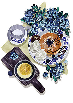 PSD 접시 꽃 하늘색 일러스트 주전자 사람없음 머그컵 빈티지 냅킨 생크림 팬케이크 레몬티 국내일러스트 식물 식기 컨셉 주방용품 컵 파란색 케이크 크림 파일형식