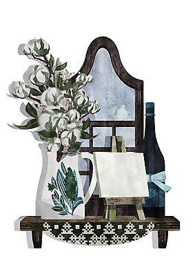 PSD 일러스트 창문 선반 사람없음 꽃병 빈티지 와인병 이젤 목화꽃 국내일러스트 꽃 가구 컨셉 병_용기 와인 미술도구 파일형식