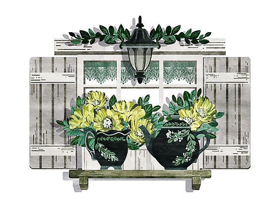 PSD 꽃 화분 일러스트 창문 조명 선반 사람없음 노란색 빈티지 찻주전자 국내일러스트 식물 컬러 가구 컨셉 주전자 파일형식