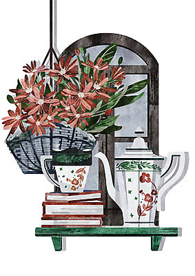 PSD 꽃 일러스트 창문 주전자 선반 사람없음 책 빨간색 바구니 빈티지 찻잔 국내일러스트 식물 컬러 가구 컨셉 주방용품 잔 파일형식