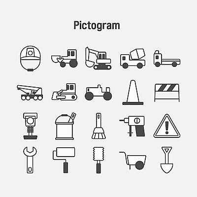 아이콘 공사 사람없음 픽토그램 트럭 기구 도구 공구 표지판 안전모 굴착기 특수차량 2D아이콘 AI파일 자동차 건설업 알림판 중장비 헬멧 안전장비 파일형식 벡터