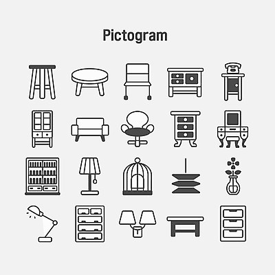 아이콘 가구 의자 전구 전등 책장 사람없음 인테리어 소파 픽토그램 꽃병 서랍장 화장대 옷장놀이 2D아이콘 AI파일 디자인 꽃 생활용품 놀이 조명 파일형식 벡터