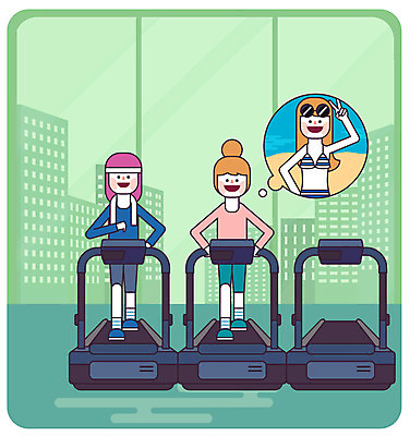 전신 여자 다이어트 일러스트 상상 웃음 성인 세명 비키니 운동 런닝머신 국내일러스트 AI파일 수영복 표정 건강 사람 운동기구 파일형식 벡터