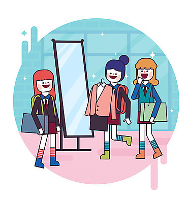 전신 학생 옷 여자 대학생 일러스트 웃음 성인 세명 쇼핑 거울 신학기 신입생 국내일러스트 AI파일 표정 사람 파일형식 벡터