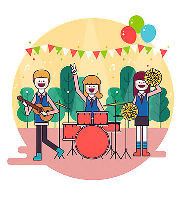 전신 나무 학생 여자 남자 악기 대학생 일러스트 응원 성인 세명 기타 밴드 신학기 신입생 드럼 풍선 가랜드 동아리 국내일러스트 AI파일 식물 음악 현악기 타악기 사람 파티용품 파일형식 벡터