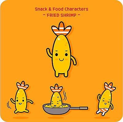 캐릭터 일러스트 사람없음 귀여움 튀김 프라이팬 분식 음식캐릭터 새우튀김 일러캐릭터 AI파일 음식 컨셉 주방용품 새우 파일형식 벡터