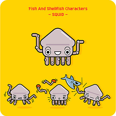 캐릭터 동물캐릭터 일러스트 사람없음 귀여움 오징어 상어 오징어다리 오징어캐릭터 일러캐릭터 AI파일 동물 컨셉 연체동물 어류 수중동물 파일형식 벡터