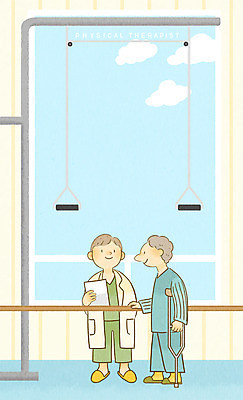 전신 PSD 노년 남자 일러스트 창문 프레임 병원 성인 두명 환자 장래희망 목발 물리치료사 프레임일러스트 국내일러스트 의학 의료기기 사람 치료사 파일형식