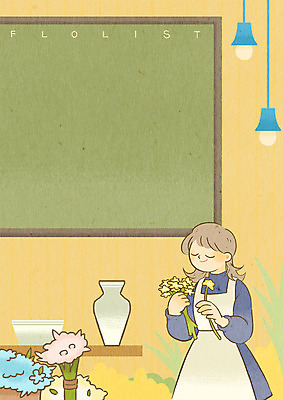 PSD 여자 꽃 일러스트 프레임 한명 상반신 성인 꽃병 칠판 등불 꽃집 장래희망 프레임일러스트 플로리스트 국내일러스트 식물 직업 1 조명 사람 상점 파일형식