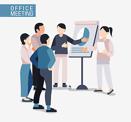 전신 여자 남자 일러스트 회사 회의 협력 서기 여러명 성인 사무실 직장인 비즈니스맨 비즈니스우먼 발표 토론 프레젠테이션 얼굴없음 국내일러스트 AI파일 직업 다수 비즈니스 모션 사람 파일형식 벡터