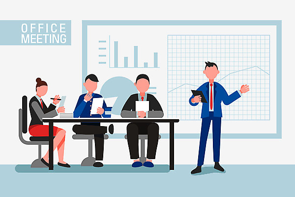 전신 여자 남자 일러스트 회사 회의 그래프 협력 서기 앉기 여러명 성인 사무실 직장인 비즈니스맨 비즈니스우먼 발표 프레젠테이션 책상 문서 얼굴없음 국내일러스트 AI파일 직업 가구 다수 비즈니스 모션 사람 파일형식 벡터