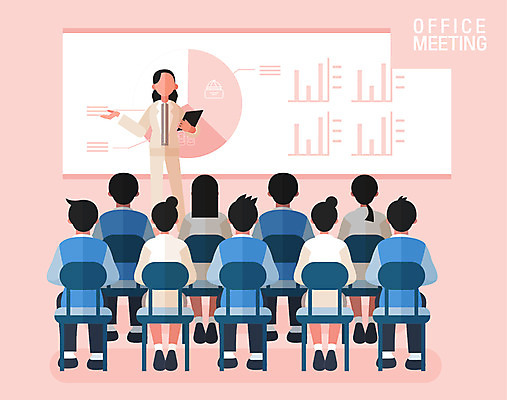 전신 여자 남자 일러스트 회사 회의 협력 여러명 상반신 성인 직장인 비즈니스맨 비즈니스우먼 발표 강의실 프레젠테이션 회의실 얼굴없음 국내일러스트 AI파일 직업 교육 다수 비즈니스 사람 공간 파일형식 벡터