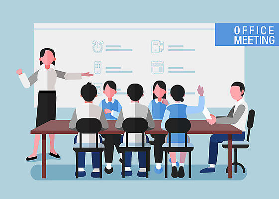 전신 여자 남자 일러스트 회사 회의 그래프 협력 서기 앉기 여러명 성인 직장인 비즈니스맨 비즈니스우먼 발표 프레젠테이션 책상 회의실 얼굴없음 국내일러스트 AI파일 직업 가구 다수 비즈니스 모션 사람 파일형식 벡터