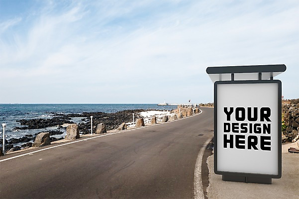 주간 PSD 편집 편집이미지 프레임 광고판 해변 사람없음 야외 그래픽 3D 버스정류장 디지털합성 해안도로 옥외간판 옥외광고 디지털아트 목업 편집실사 편집3D 자연요소 도로 바다 간판 알림판 역 CG 판 파일형식