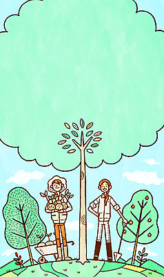 전신 PSD 나무 여자 남자 일러스트 산 프레임 웃음 들기 성인 두명 삽 식목일 프레임일러스트 국내일러스트 식물 기념일 모션 표정 사람 파일형식