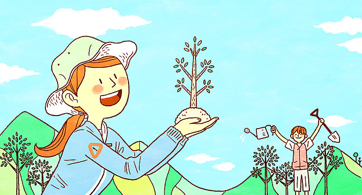 PSD 나무 여자 남자 일러스트 산 웃음 들기 상반신 성인 두명 물뿌리개 삽 식목일 국내일러스트 식물 기념일 모션 표정 사람 파일형식