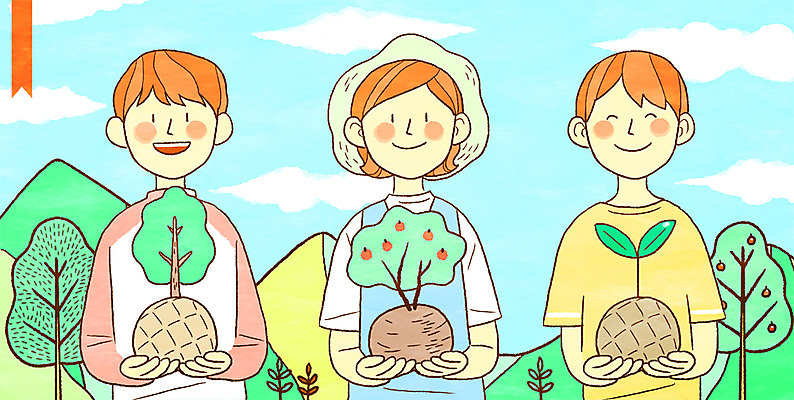 PSD 나무 여자 남자 일러스트 산 웃음 들기 상반신 성인 세명 식목일 국내일러스트 식물 기념일 모션 표정 사람 파일형식