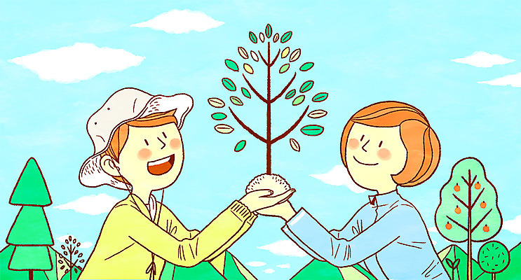 PSD 나무 여자 남자 일러스트 하늘 산 웃음 들기 상반신 성인 두명 식목일 국내일러스트 식물 기념일 모션 표정 사람 파일형식
