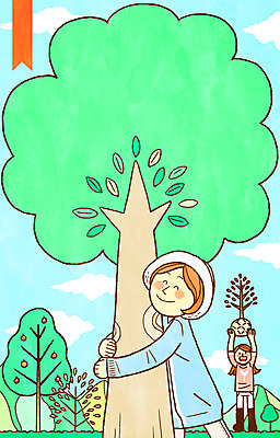 전신 PSD 나무 여자 일러스트 안기 산 웃음 들기 상반신 성인 두명 식목일 국내일러스트 식물 기념일 모션 표정 사람 파일형식