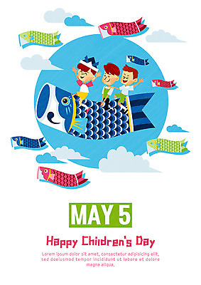 남자 어린이 일러스트 하늘 이벤트 세명 어린이날 5월 연 잉어 고이노보리 국내일러스트 AI파일 기념일 어류 사람 놀이용품 깃발 날짜 일본전통 파일형식 벡터