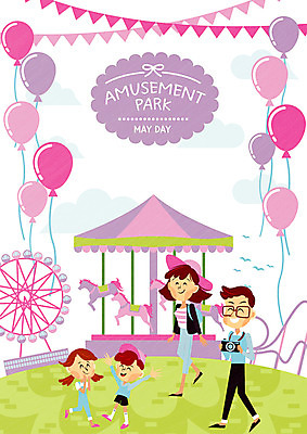 여자 남자 딸 아들 어린이 분홍색 일러스트 가족 엄마 이벤트 여러명 성인 카메라 놀이공원 아빠 5월 대관람차 풍선 회전목마 롤러코스터 가랜드 국내일러스트 AI파일 컬러 다수 관계 사람 전자제품 테마파크 날짜 놀이기구 파티용품 파일형식 벡터