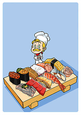PSD 남자 음식 일러스트 한명 성인 요리사 초밥 모듬초밥 계란초밥 새우초밥 국내일러스트 직업 1 새우 사람 모듬 일본음식 파일형식