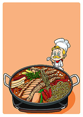 PSD 남자 음식 일러스트 한명 성인 요리사 버너 부대찌개 국내일러스트 직업 1 사람 찌개 파일형식