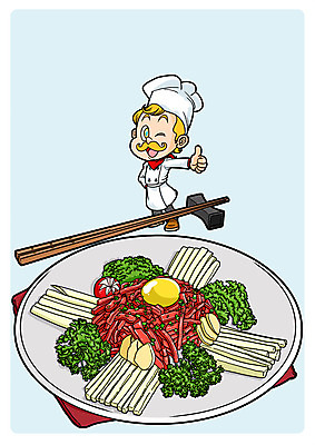 PSD 남자 음식 일러스트 젓가락 한명 성인 요리사 육회 국내일러스트 직업 1 수저 생고기 사람 파일형식