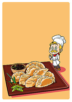 PSD 남자 음식 일러스트 한명 성인 요리사 간장 군만두 국내일러스트 직업 1 사람 양념 만두 파일형식