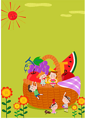 구름 여자 남자 어린이 인형 과일 일러스트 해바라기 여러명 여름 태양 소풍 바구니 즐거움 국내일러스트 AI파일 자연요소 계절 꽃 감정 다수 사람 야외활동 파일형식 벡터