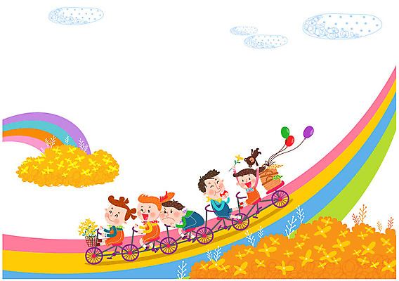 여자 남자 어린이 인형 무지개 일러스트 여러명 소풍 바구니 자전거 봄 개나리 즐거움 풍선 무지개다리 국내일러스트 AI파일 자연요소 계절 꽃 감정 다수 사람 야외활동 바이크 다리_건축물 파일형식 벡터