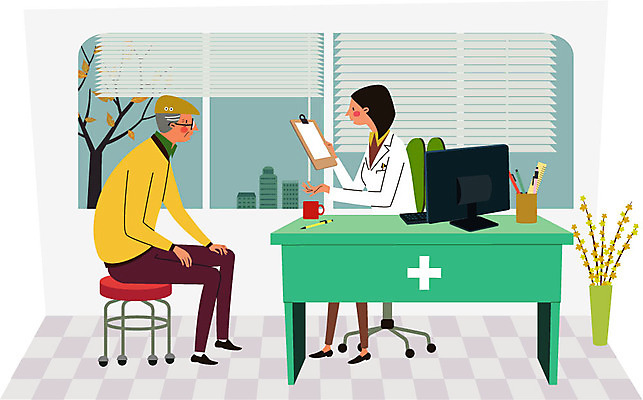 전신 나무 여자 노년 남자 일러스트 창문 건강 병원 들기 앉기 성인 두명 컴퓨터 꽃병 진료 환자 의사 책상 건강검진 진료판 국내일러스트 AI파일 식물 꽃 가구 의학 모션 사람 전자제품 의료진 검사_조사 파일형식 벡터