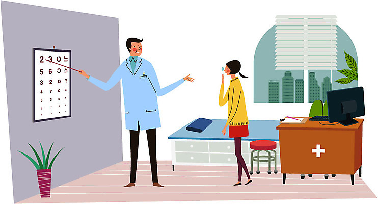 전신 식물 여자 남자 일러스트 창문 청소년 건강 병원 서기 성인 두명 컴퓨터 진료 환자 의사 블라인드 책상 안과 시력검사 건강검진 시력검사표 국내일러스트 AI파일 가구 의학 모션 사람 전자제품 의료진 커튼 검사_조사 파일형식 벡터