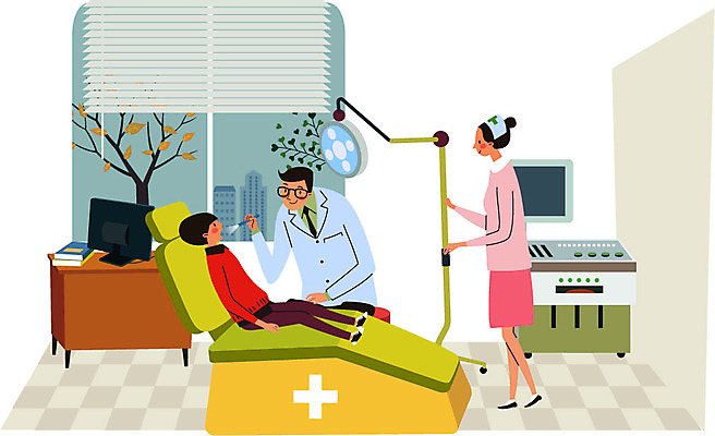 전신 여자 남자 어린이 일러스트 창문 조명 건강 치과 병원 서기 앉기 상반신 성인 세명 컴퓨터 기계 진료 환자 간호사 의사 블라인드 책상 건강검진 국내일러스트 AI파일 가구 의학 모션 사람 전자제품 의료진 커튼 검사_조사 파일형식 벡터