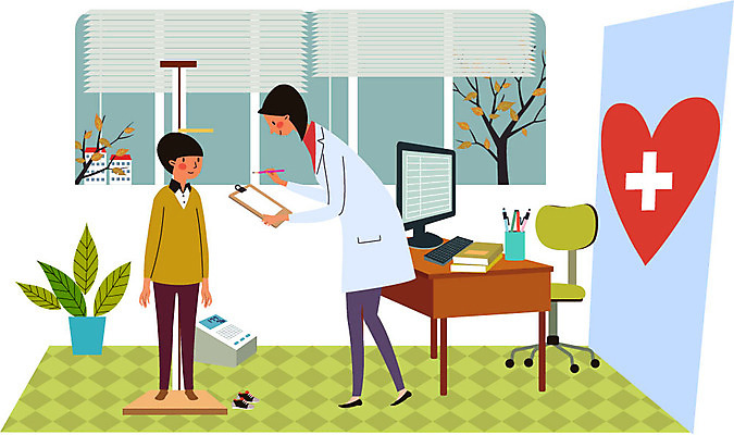 여자 남자 화분 어린이 일러스트 창문 건강 병원 서기 성인 두명 컴퓨터 진료 환자 의사 하트 블라인드 몸무게 책상 측정 키재기 신체검사 건강검진 국내일러스트 AI파일 모양 가구 의학 모션 사람 전자제품 의료진 커튼 검사_조사 키_신체 파일형식 벡터