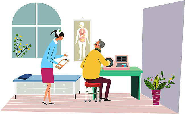 전신 여자 노년 남자 화분 일러스트 창문 건강 병원 서기 앉기 성인 두명 진료 환자 간호사 혈압계 건강검진 혈압 혈압측정 국내일러스트 AI파일 의학 의료기기 모션 사람 의료진 측정 검사_조사 파일형식 벡터